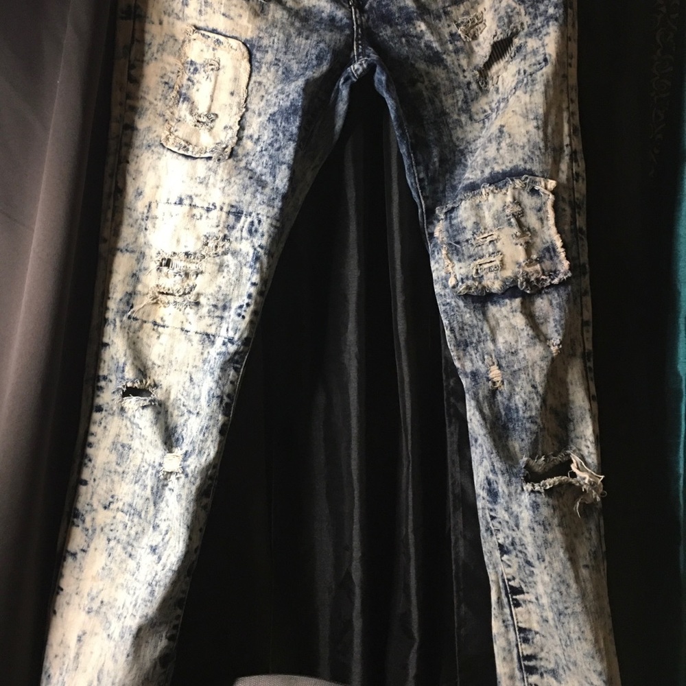 Navy blue and tan patch jeans